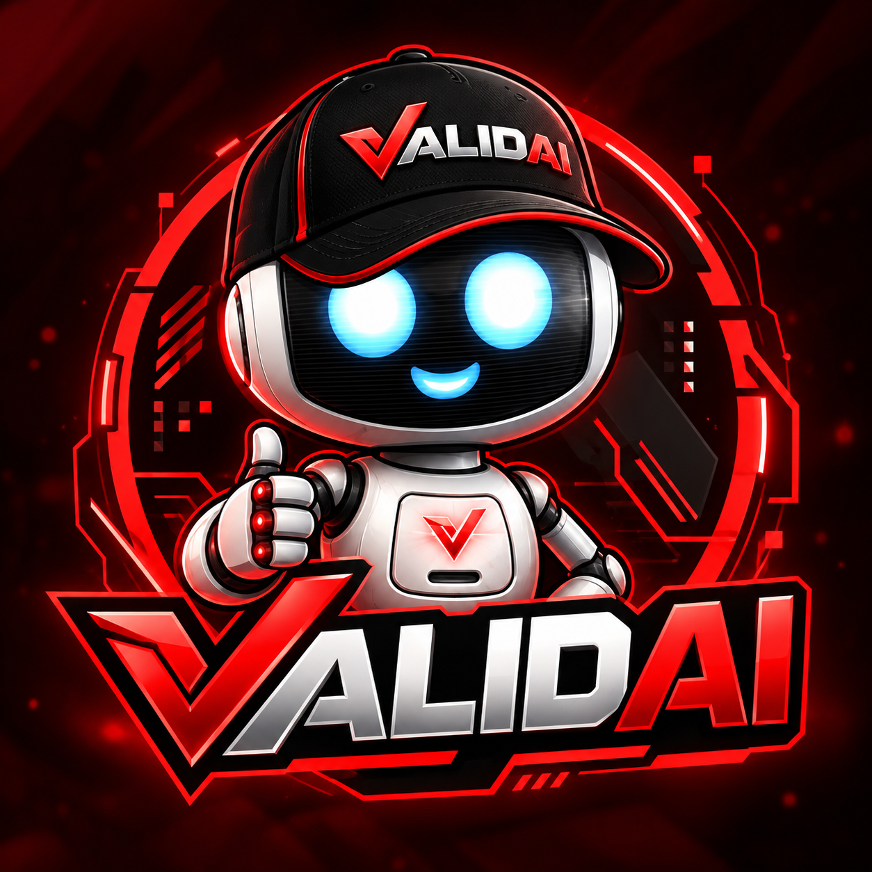 Robô ValidAI com boné, em preto e vermelho